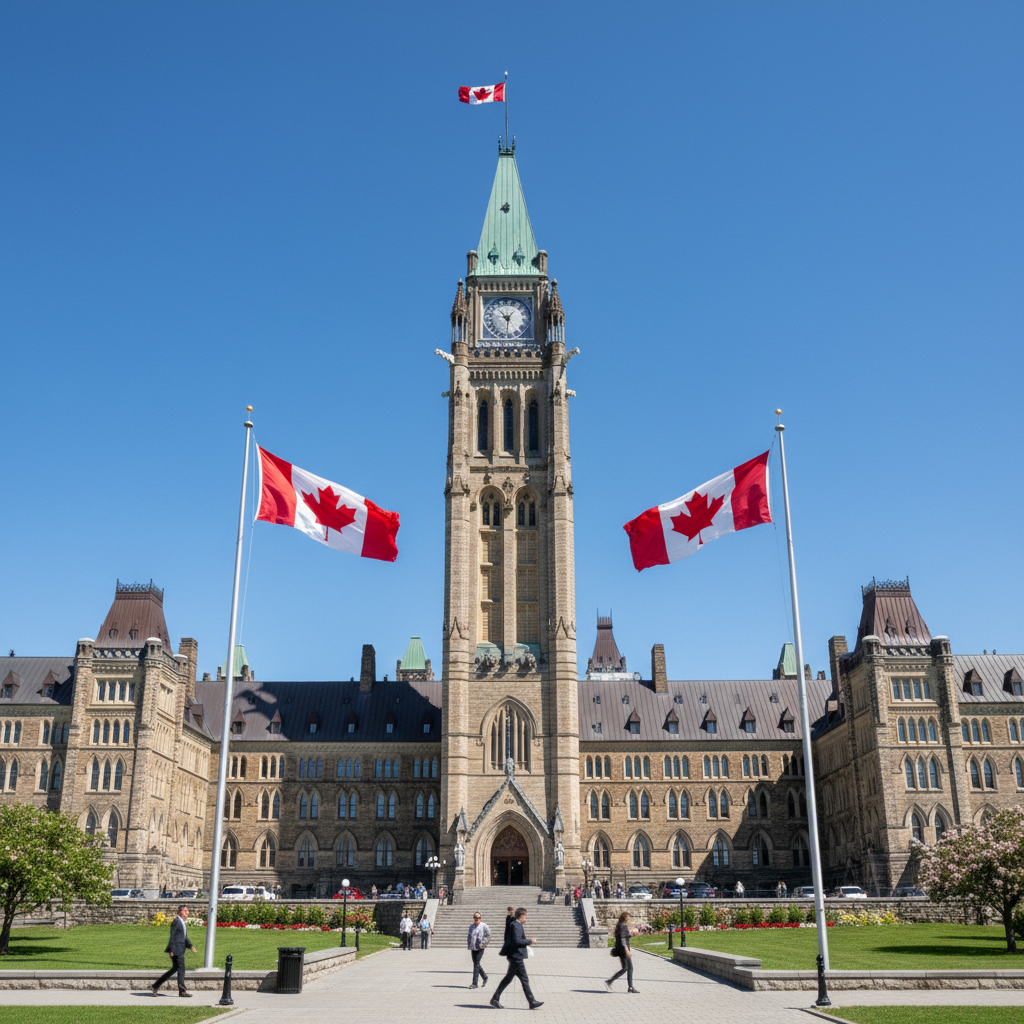 Canadian Parliament buildings with flags