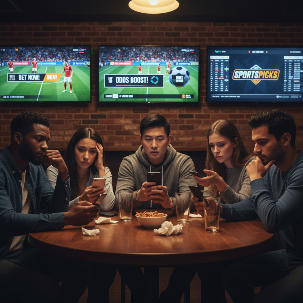 Young adults with phones surrounded by sports betting advertising